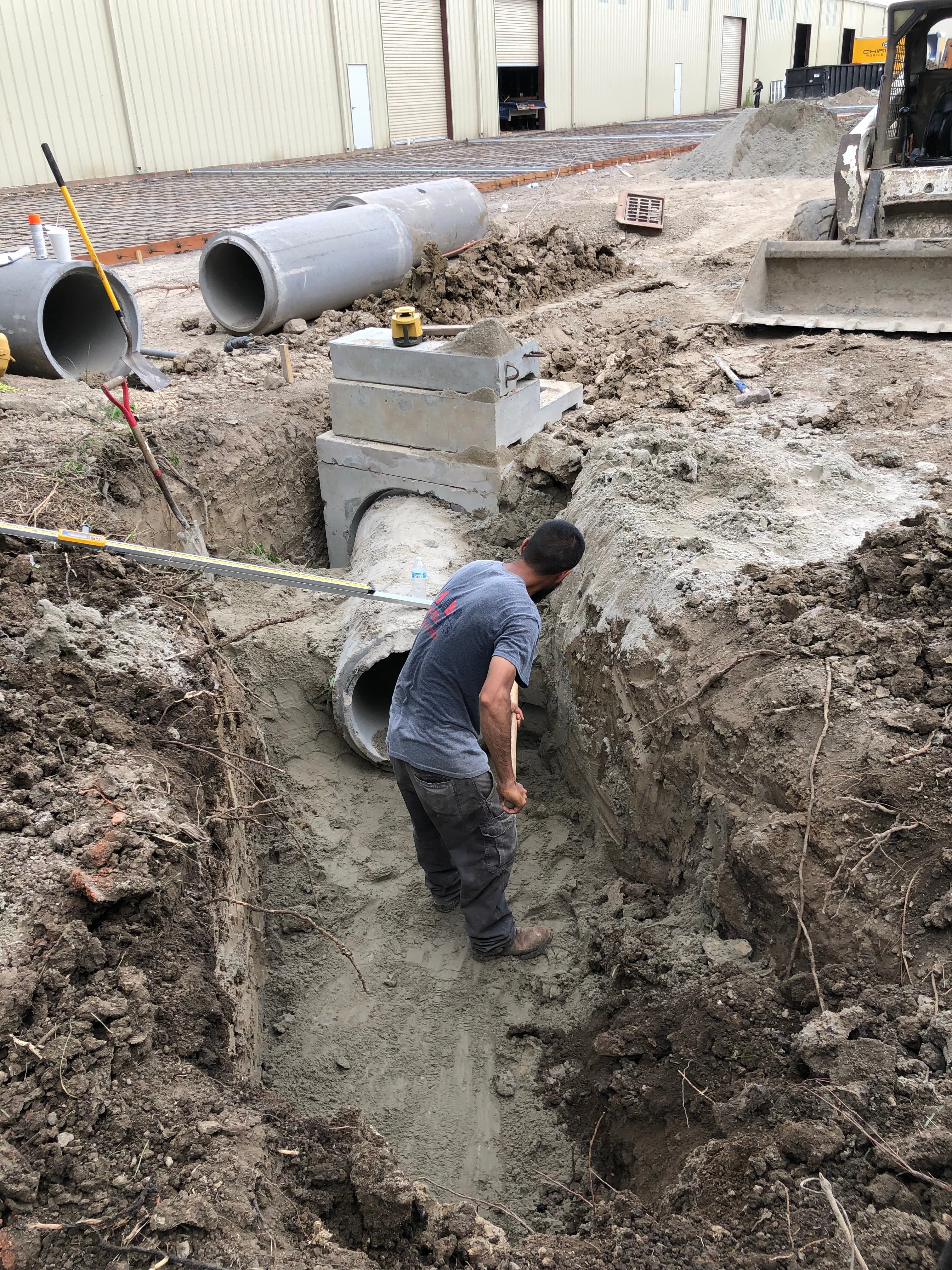 Installing drainage pipe and a catch basin box in a trench